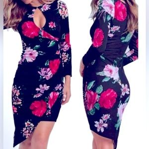 VENUS Floral Patterned Black Asymmetrical  Dress, Medium, NWOT, (CL-10)